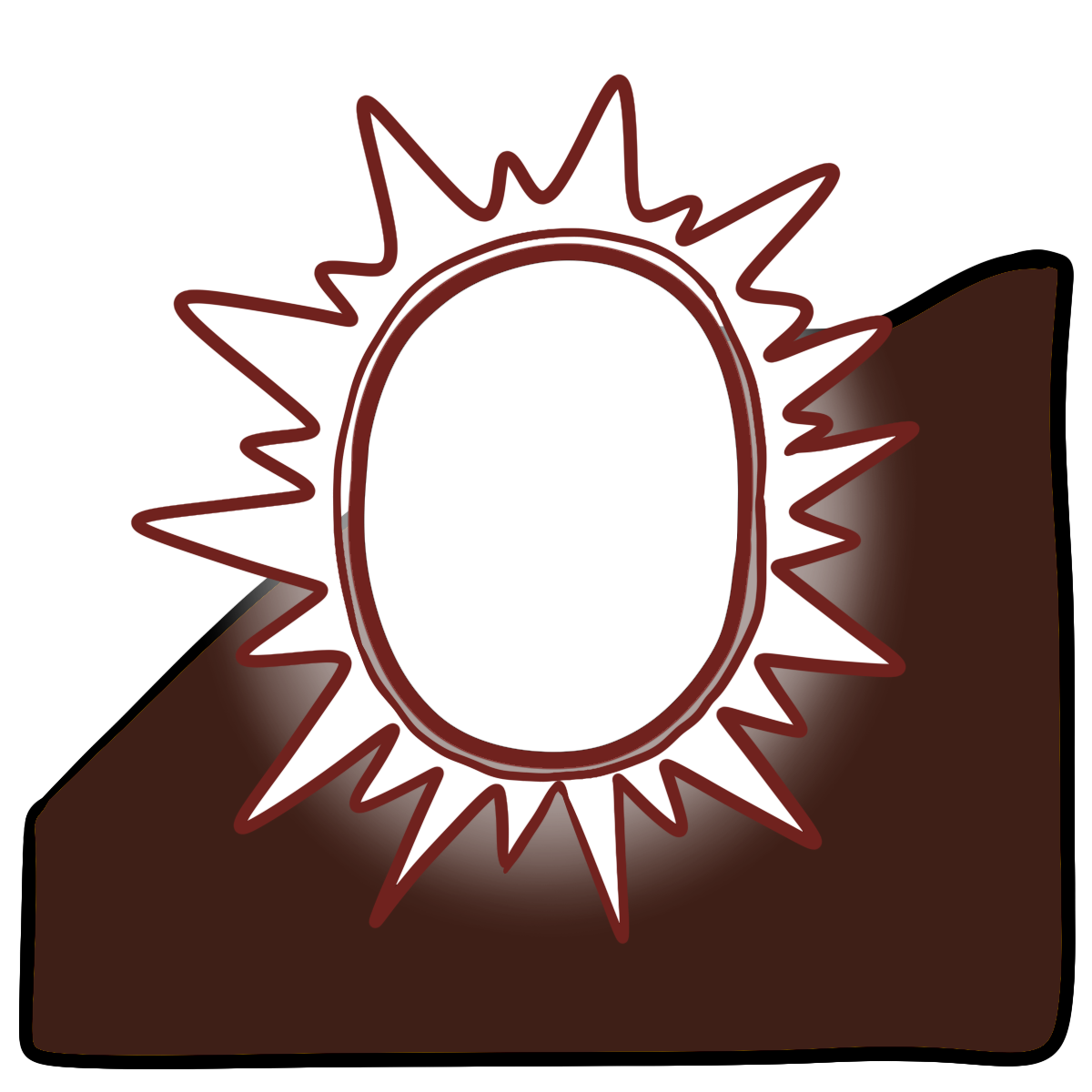 A glowing white oval with a ring of white outward points around it with red outlines. Curved dark brown skin fills the bottom half of the background.